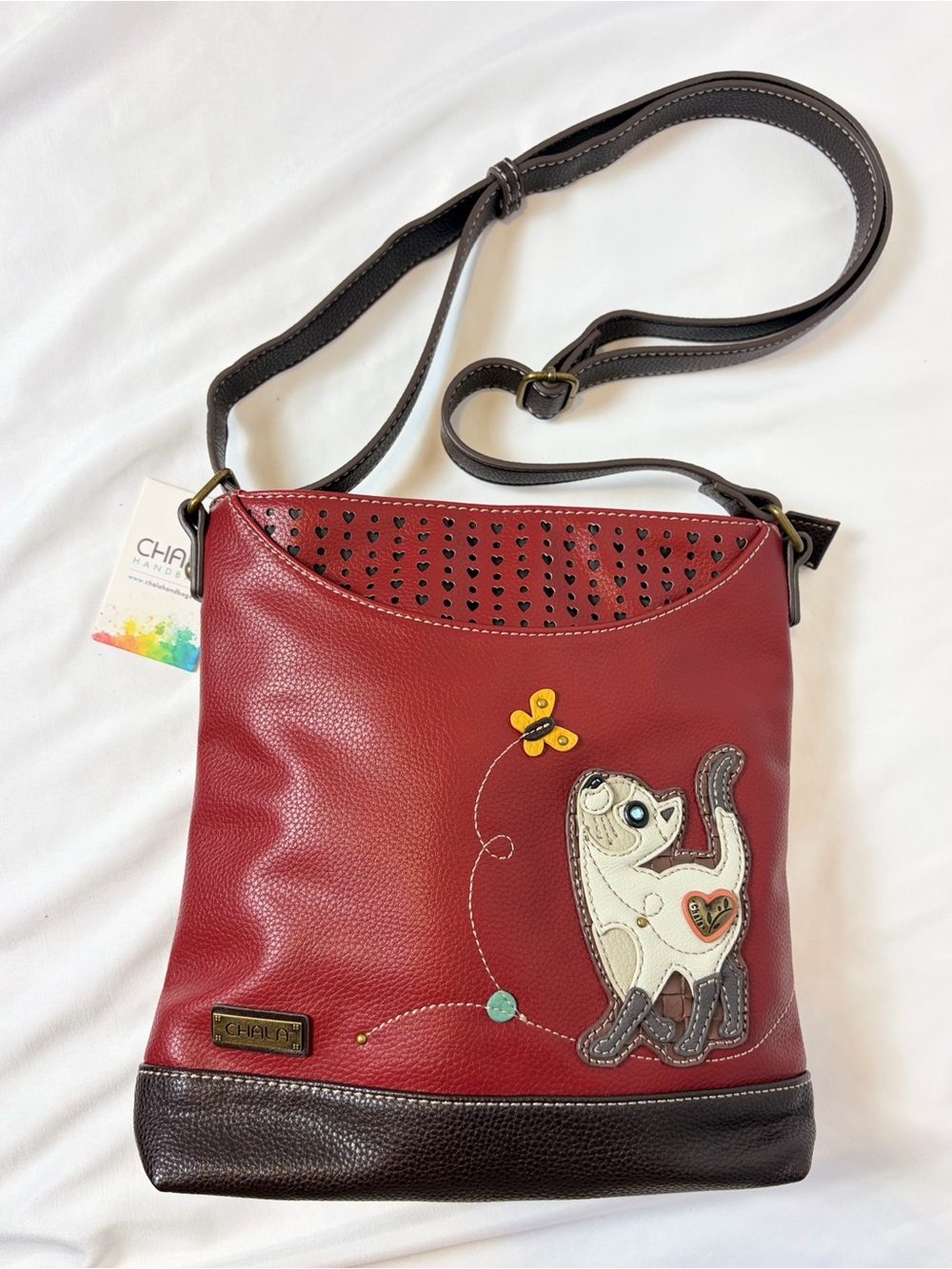 NWT Chala Cat Crossbody Bag Red Brown Whimsical Kitty Vegan Leather Purse